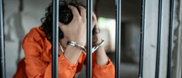 A man behind bars in a prison jump suit.