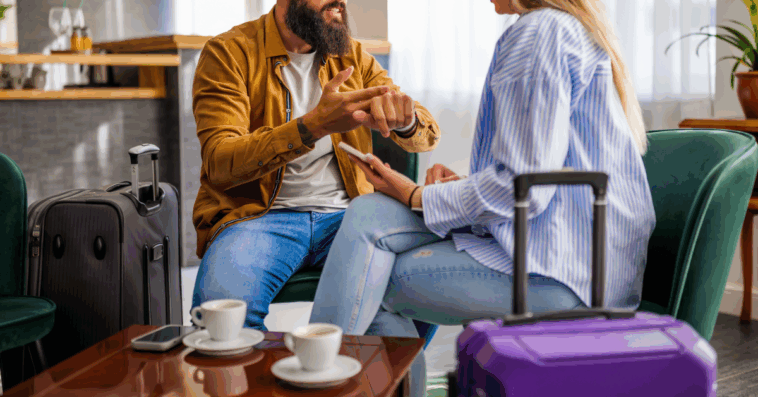 A couple sitting at a table talking to each other at a table with cups of coffee on it and luggage in front of them.