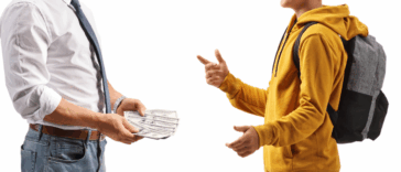 an older man with money in his hand facing a younger man gesturing at him.