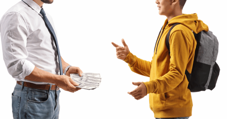 an older man with money in his hand facing a younger man gesturing at him.