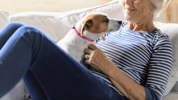 older woman laying on couch with small dog in her lap