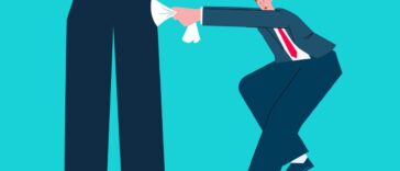 Cartoon picture of a small businessman pulling on the pockets of giants, the penniless, the poor, the bankrupt or unemployed.