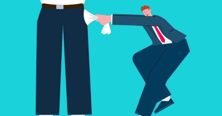 Cartoon picture of a small businessman pulling on the pockets of giants, the penniless, the poor, the bankrupt or unemployed.