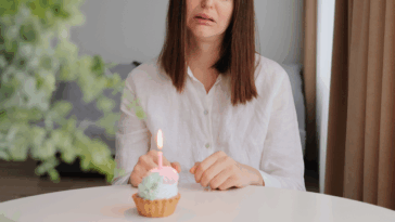 sad woman with birthday cupcake