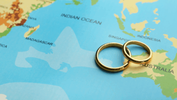 A pair of wedding rings laying on a map.