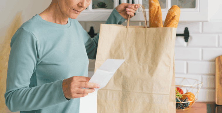 A woman at a counter looking at a list next to a bag full of groceries.