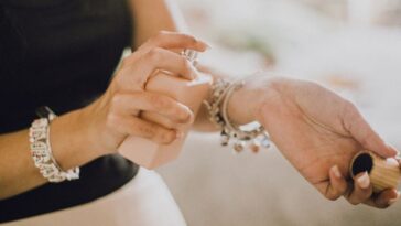 Close up of a woman spraying perfume on wrist.