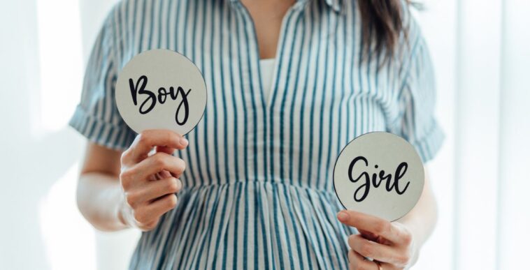 Midsection shot of a pregnant woman holding two cards showing different genders, predicting the sex of her baby. Baby shower game ideas.