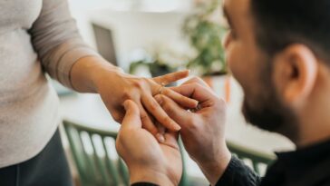 Romantic man puts an engagement ring on girlfriend's finger at home.