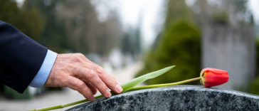 A man putting a rose on a grave.
